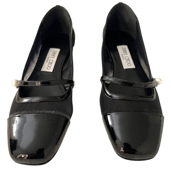 Jimmy Choo Sz 37.5 7.5 Elisa Black Mesh Pearl Mary Jane Flat Shoes NEW - Picture 2 of 10